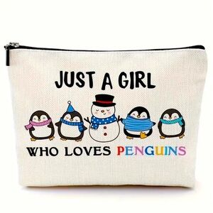 NEW MAKEUP BAG “JUST A GIRL WHO LOVES PENGUINS” FROSTY ☃️ FRIENDS ZIP TOP POUCH